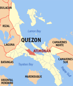 Map of Quezon Province showing location of Atimonan.